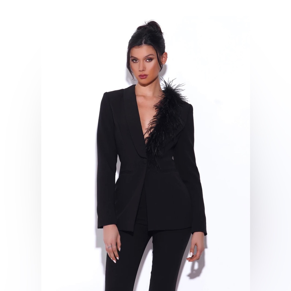 Yulia Black Suit Blazer with Feather Trim